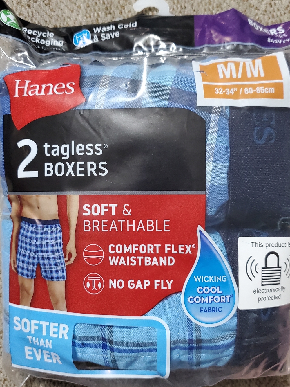 Hanes Men's Size Medium 32"- 34" Tagless Boxers - Blue Plaid (2 Pack)